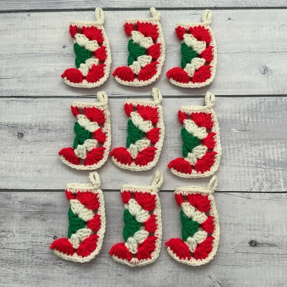 Granny‎ Square Mini Stocking Christmas Ornaments Lot Of 9 Handmade